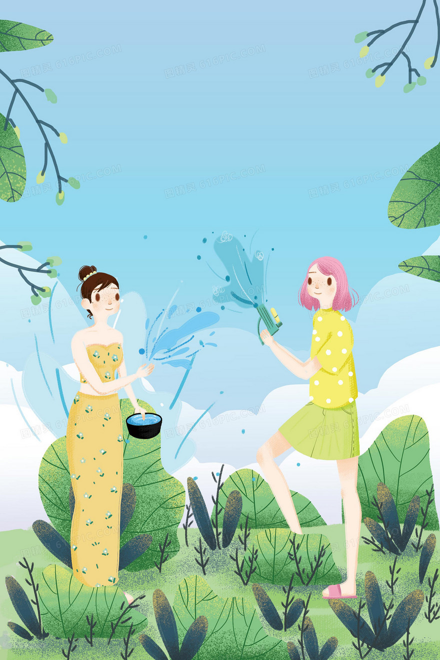 手绘插画风格手绘傣族传统少女泼水节海报背景