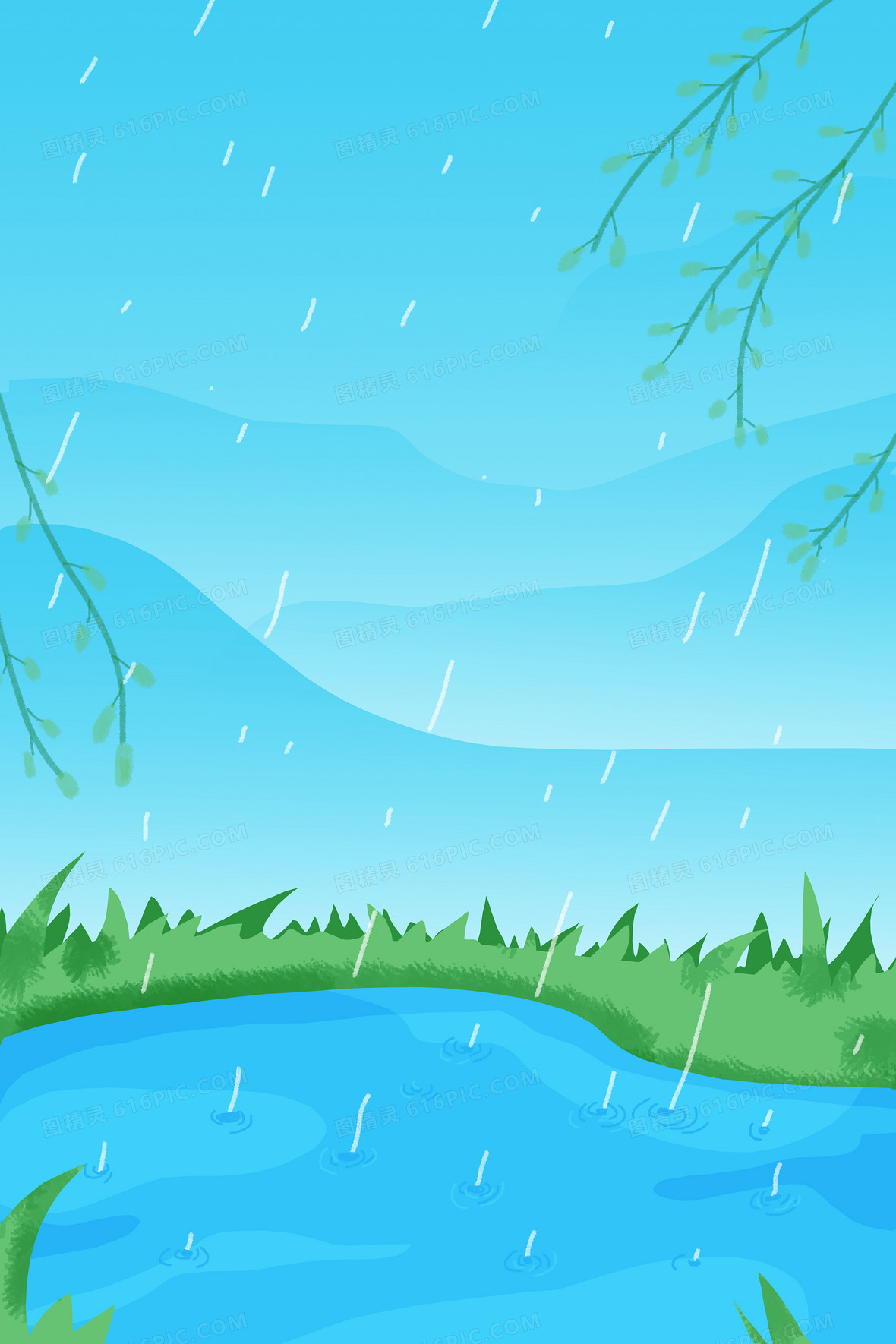 谷雨原创手绘雨滴落入池塘插画风格背景
