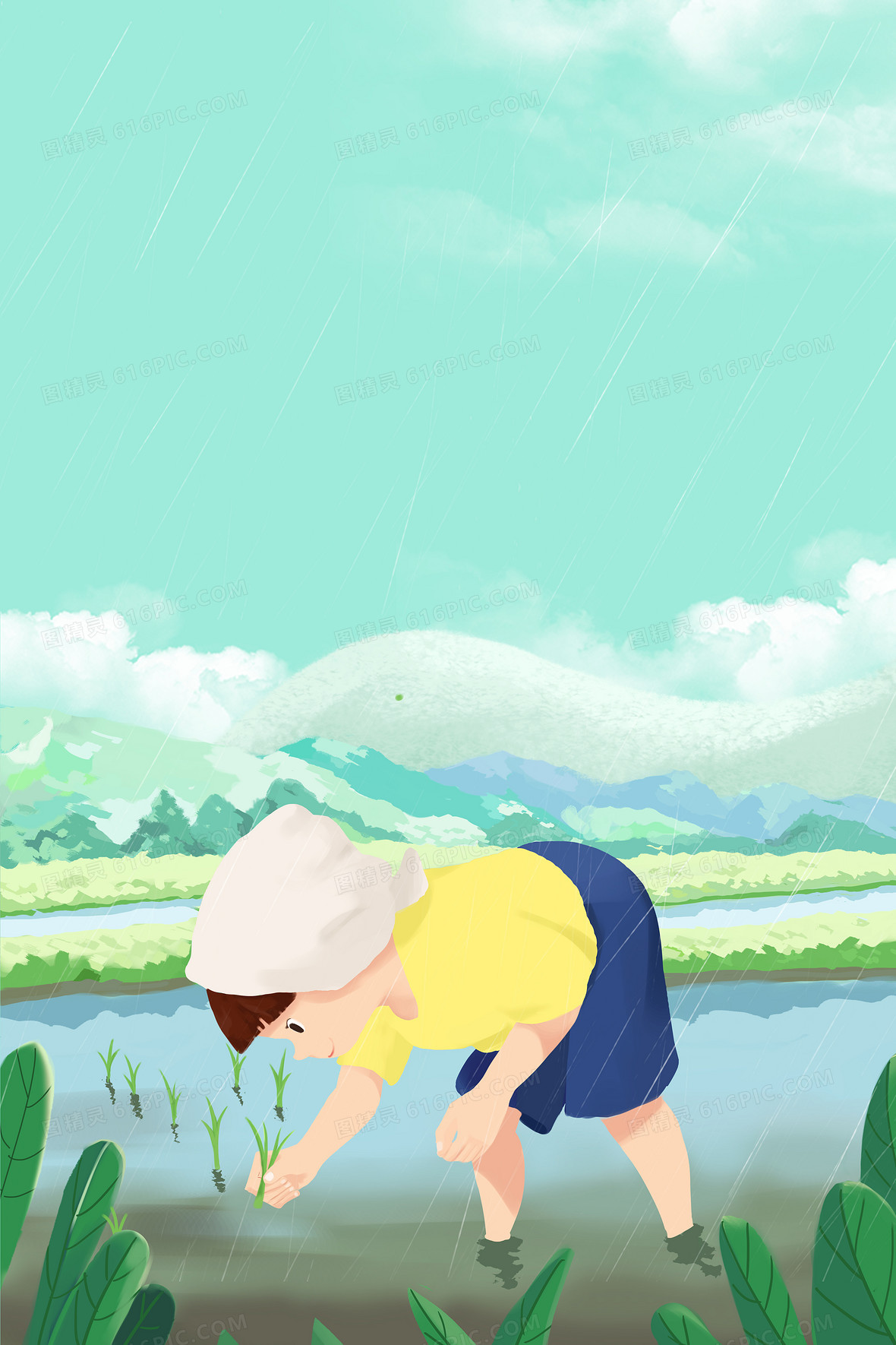 谷雨节气农民插秧卡通背景