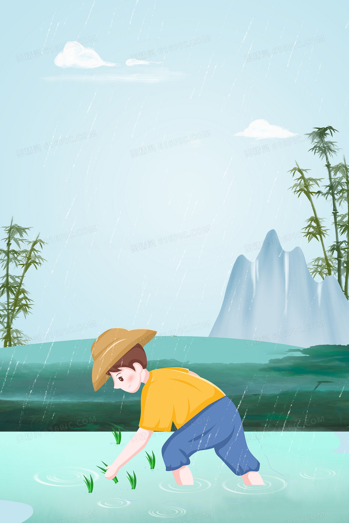 谷雨节气农民插秧卡通背景