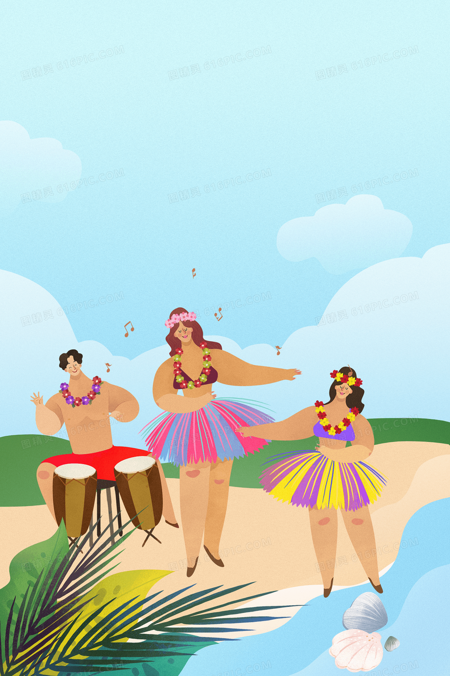 夏天海边夏威夷草裙舞立夏节气噪点纹理背景