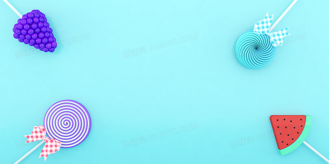 青色简约C4D立体水果棒棒糖背景