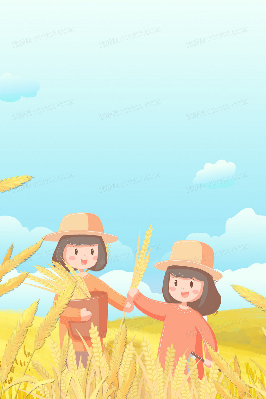 手绘二十四节气芒种农民收麦子背景