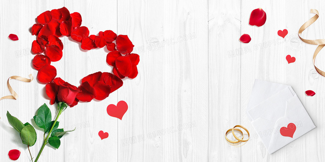 红玫瑰花瓣爱心信封对戒婚戒婚礼背景