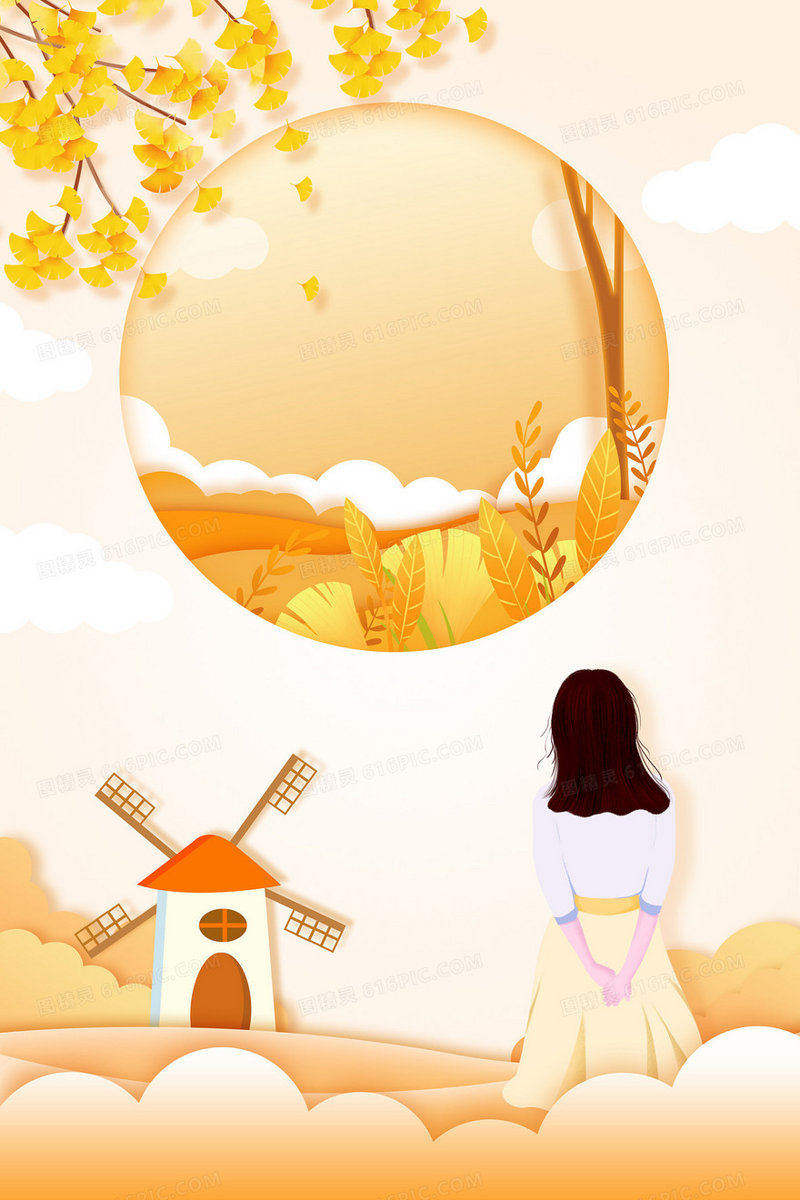 小清新女孩剪纸风金秋时节创意背景