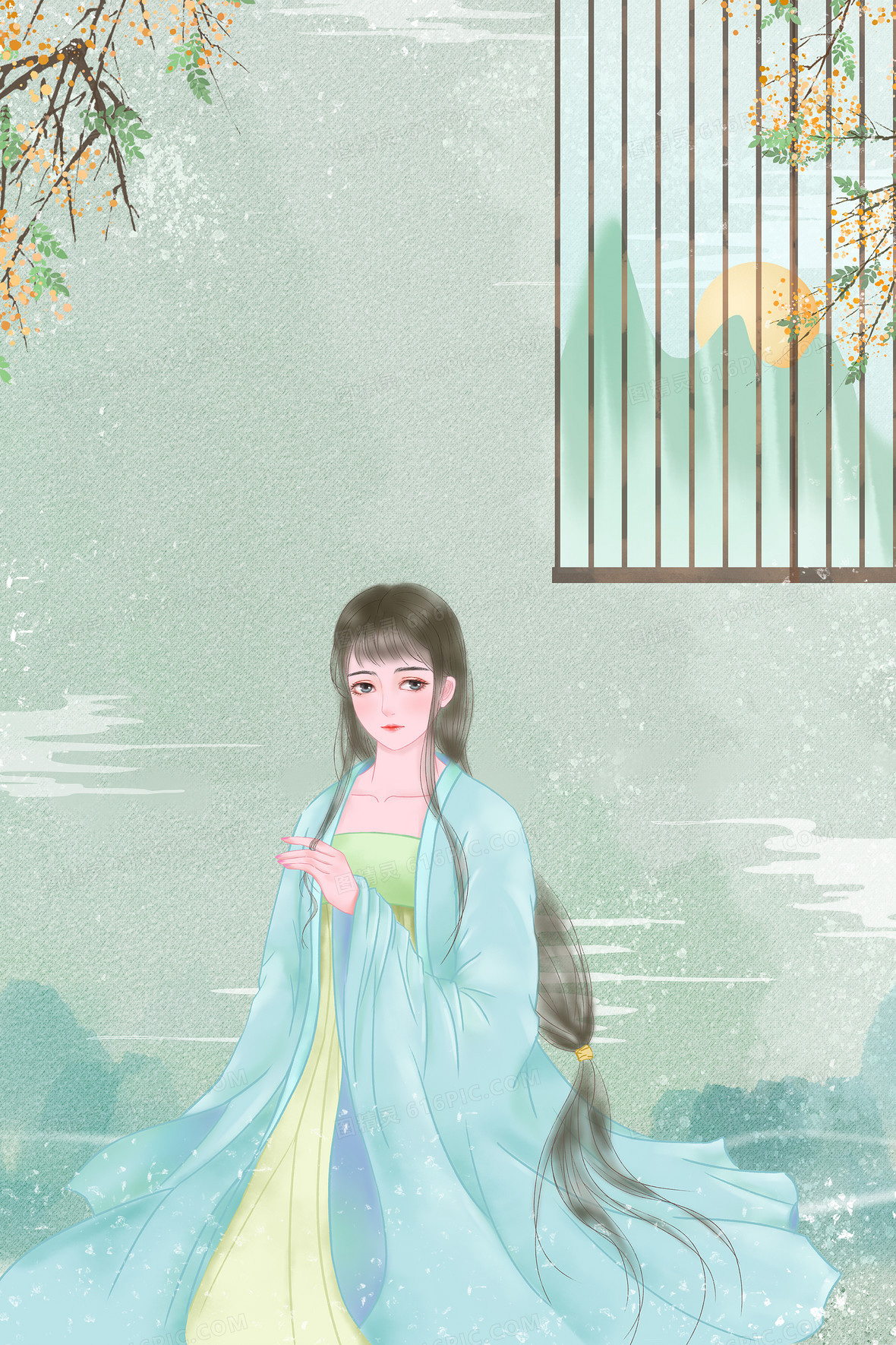 古装美女汉服中国风古韵背景