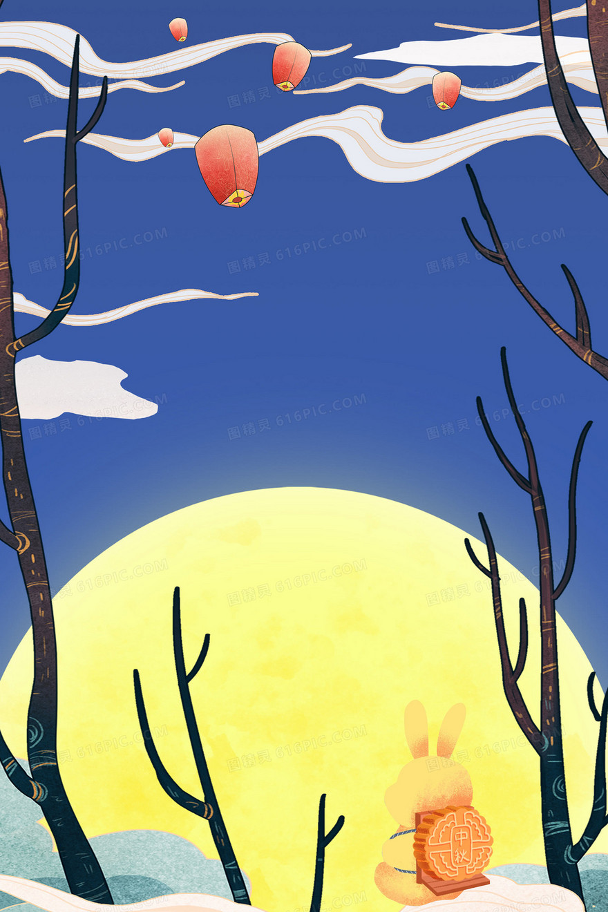 中秋节手绘卡通插画风月亮玉兔背景