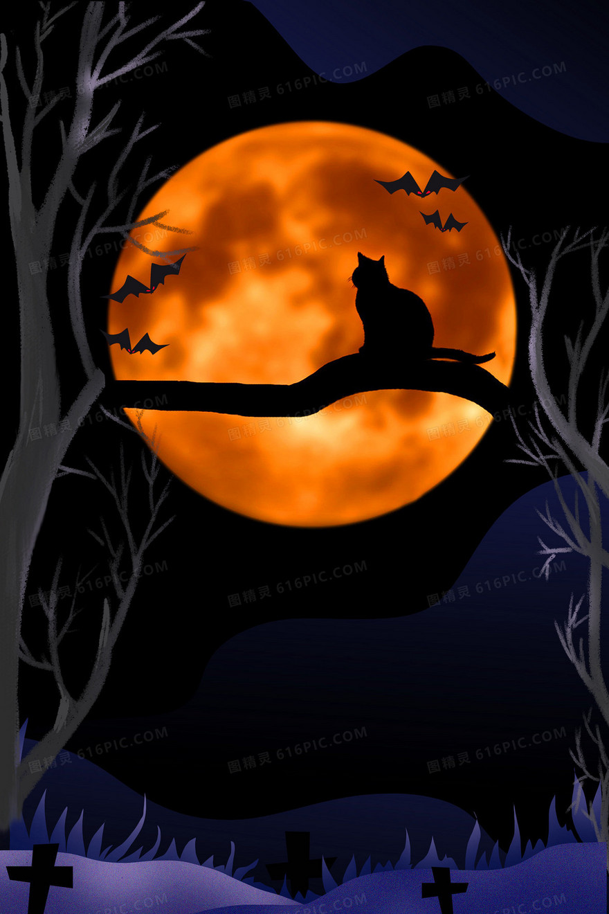 万圣节月亮猫黑色创意摄影图合成背景