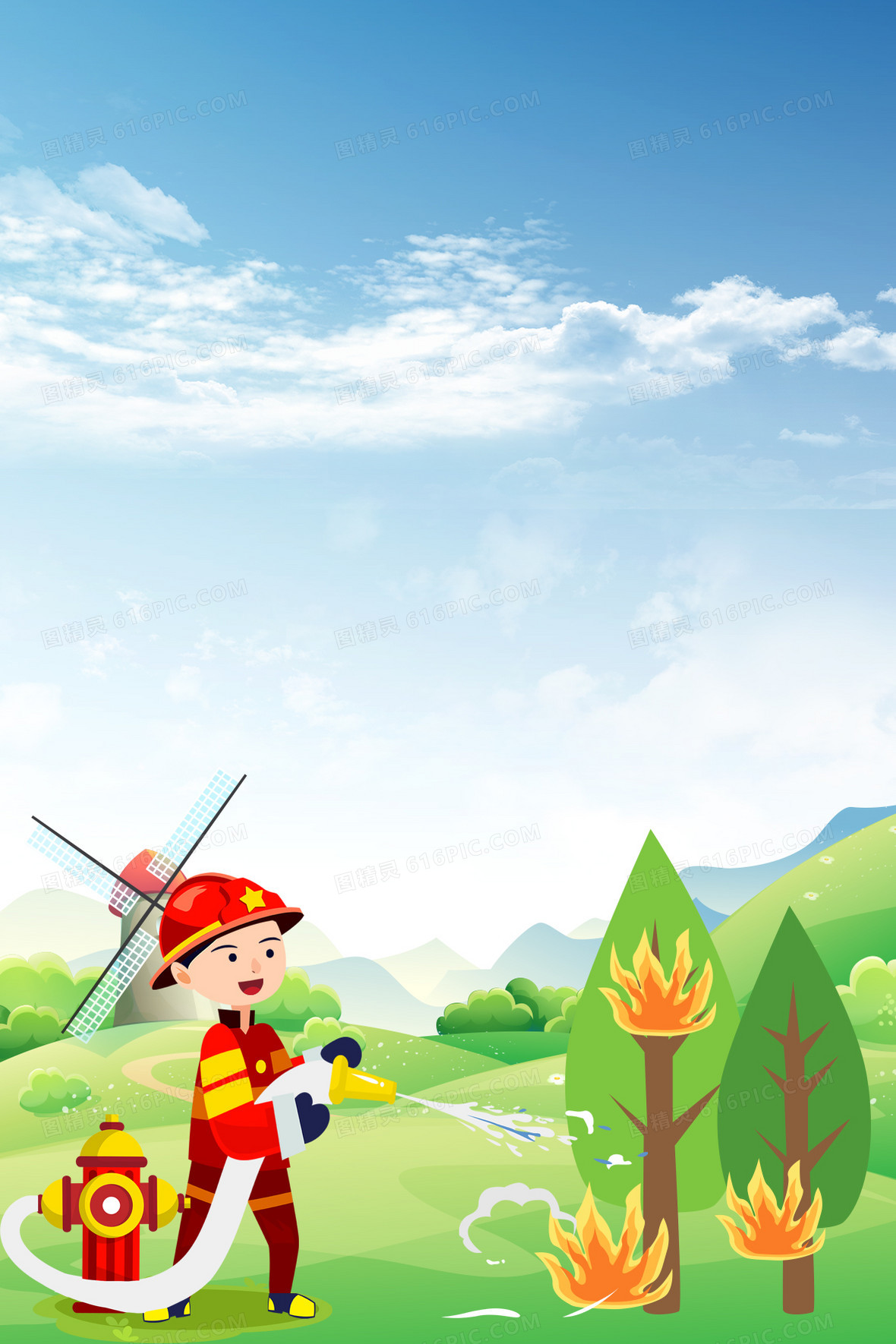 卡通手绘消防员灭火背景