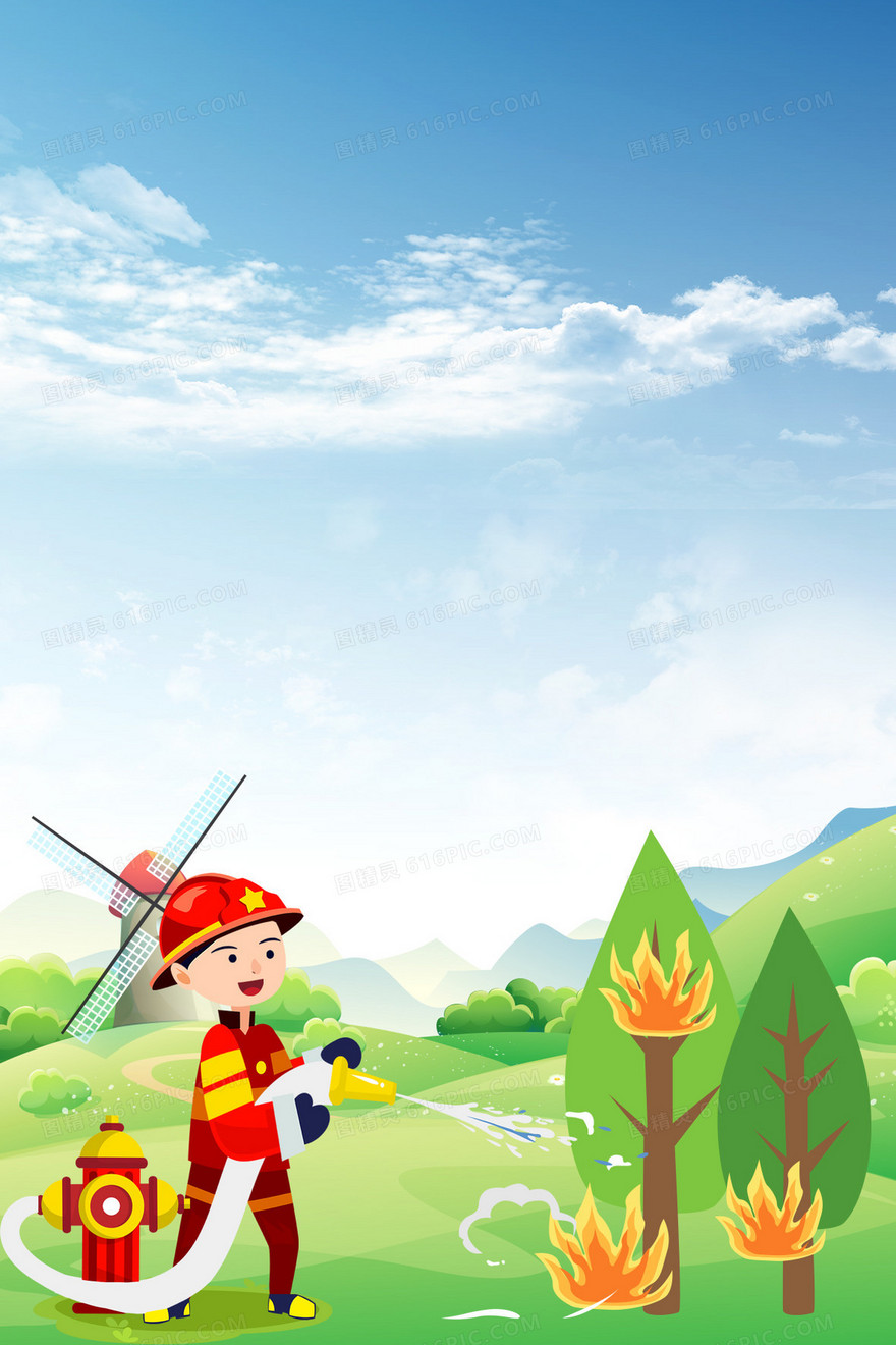 卡通手绘消防员灭火背景