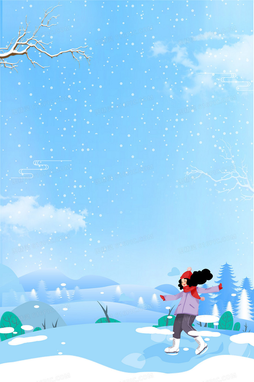 手绘卡通冬天下雪滑雪背景