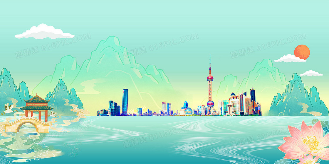 清新中国风国潮上海城市地标背景