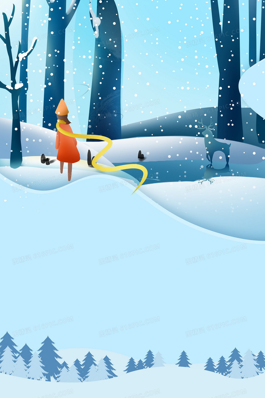 手绘卡通冬季下雪雪景女孩背景