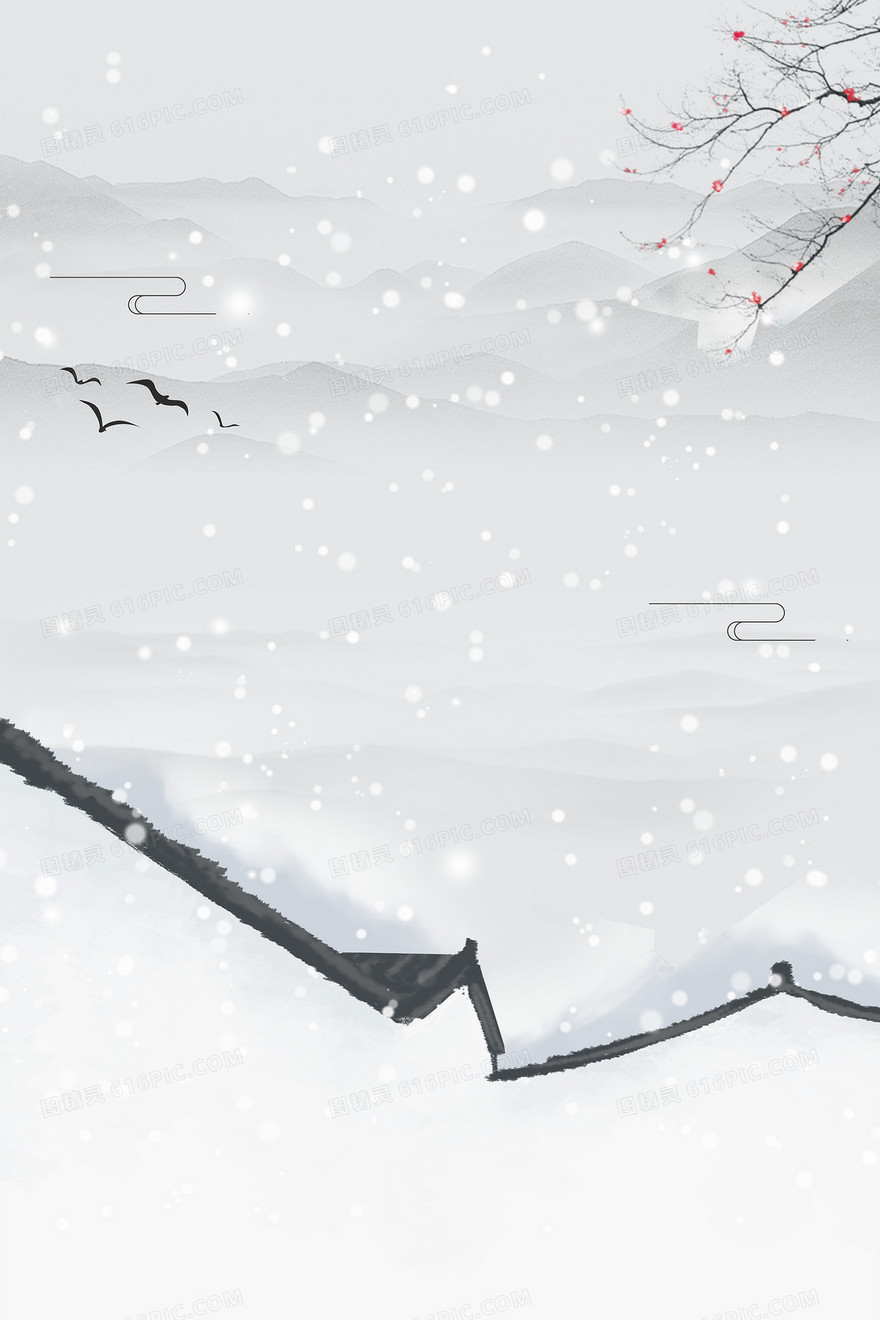 中国风水墨徽派建筑冬季下雪背景