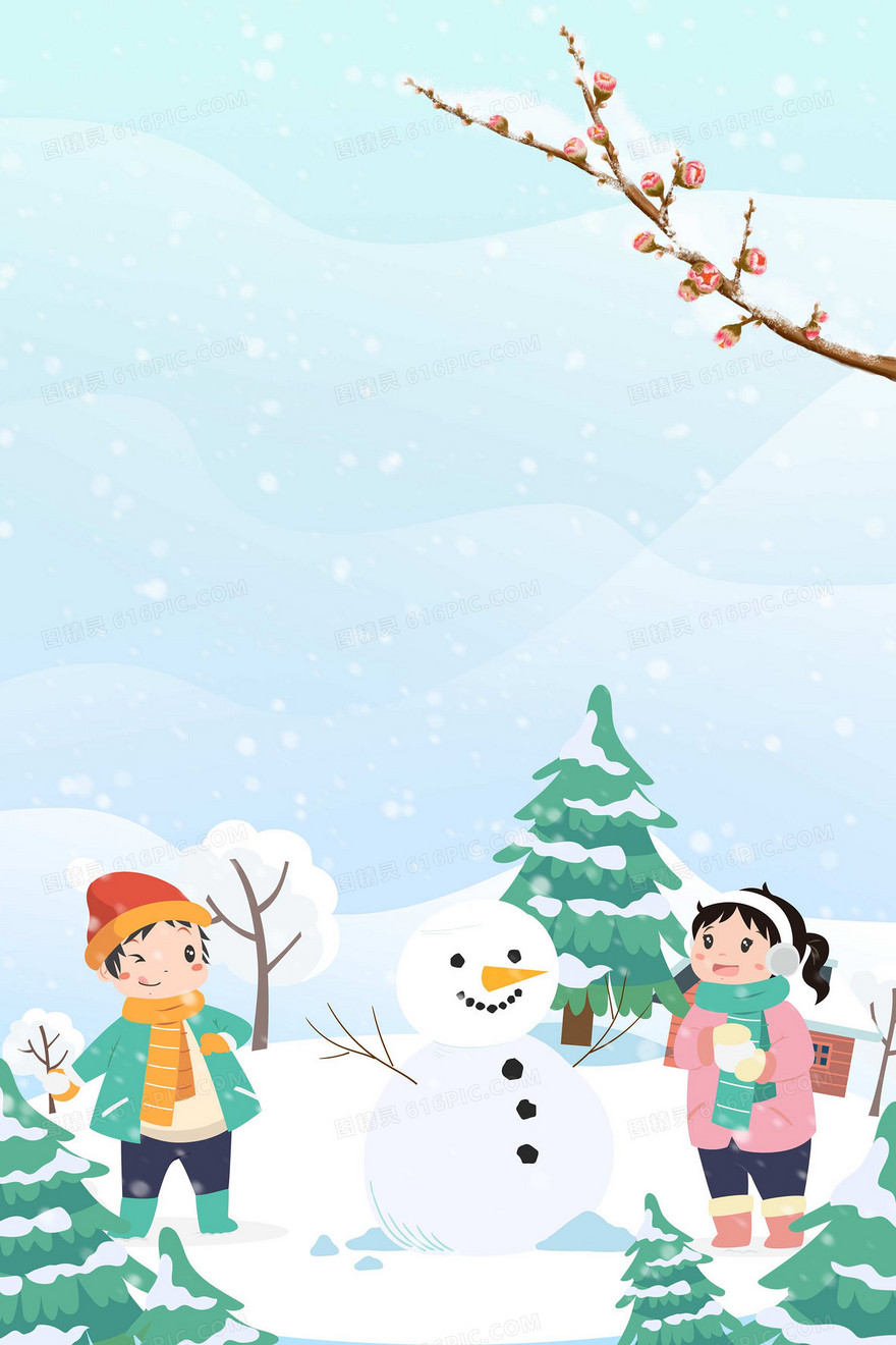 卡通插画风冬日玩耍堆雪人背景