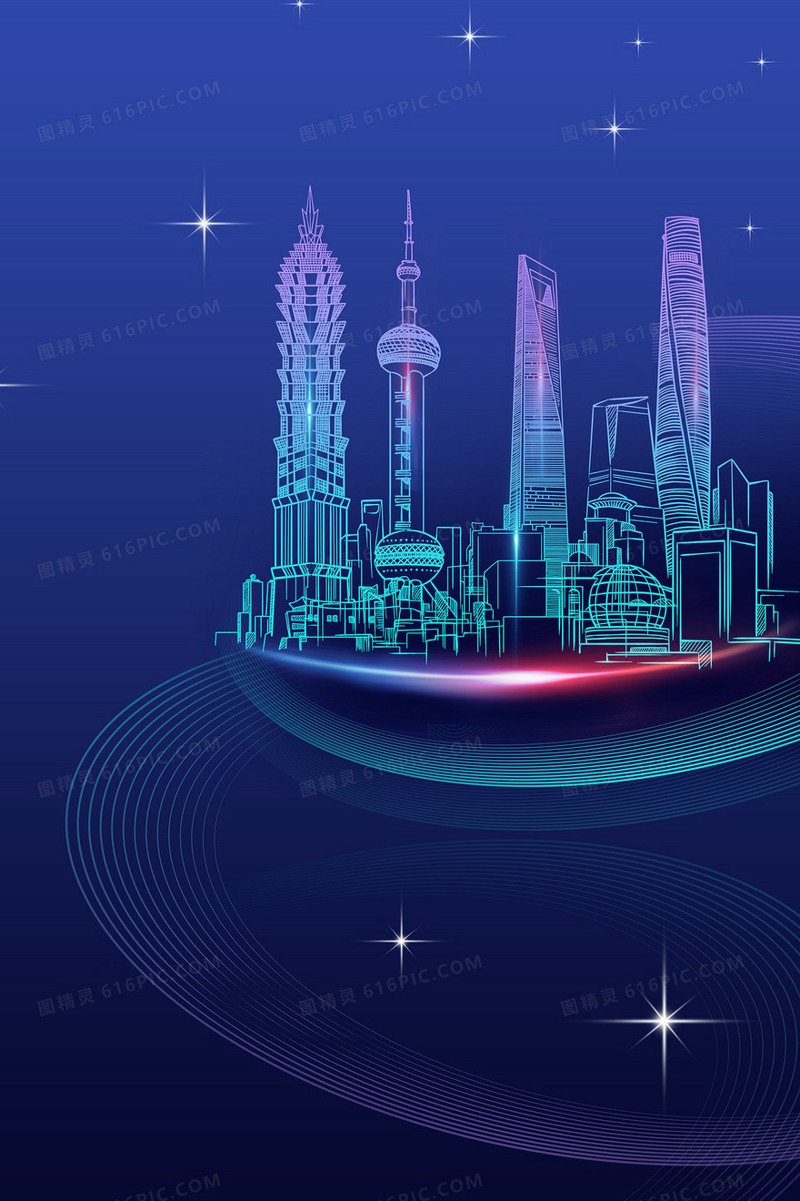 蓝色创意商务科技上海城市建筑线稿背景