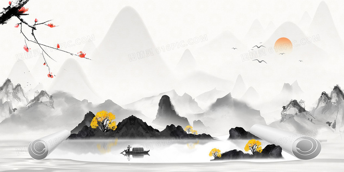 水墨画卷中国风山水意境山水画背景