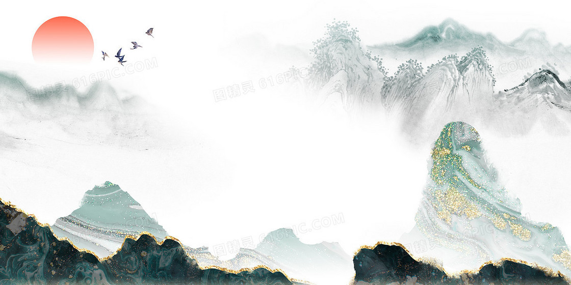 简约轻奢鎏金中国风山水背景