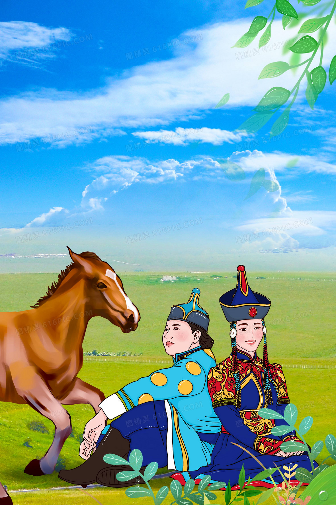 蒙古少数民族服饰草原放牧背景