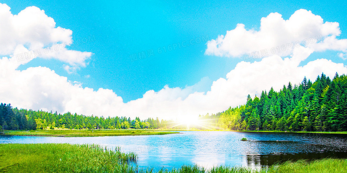 蓝天白云湖水草地风景摄影图合成背景