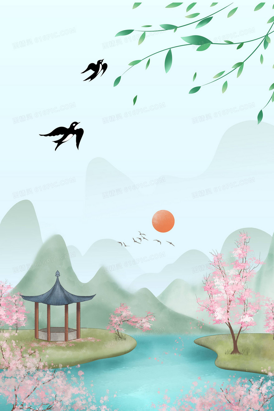 水墨淡彩中国风春天燕子背景