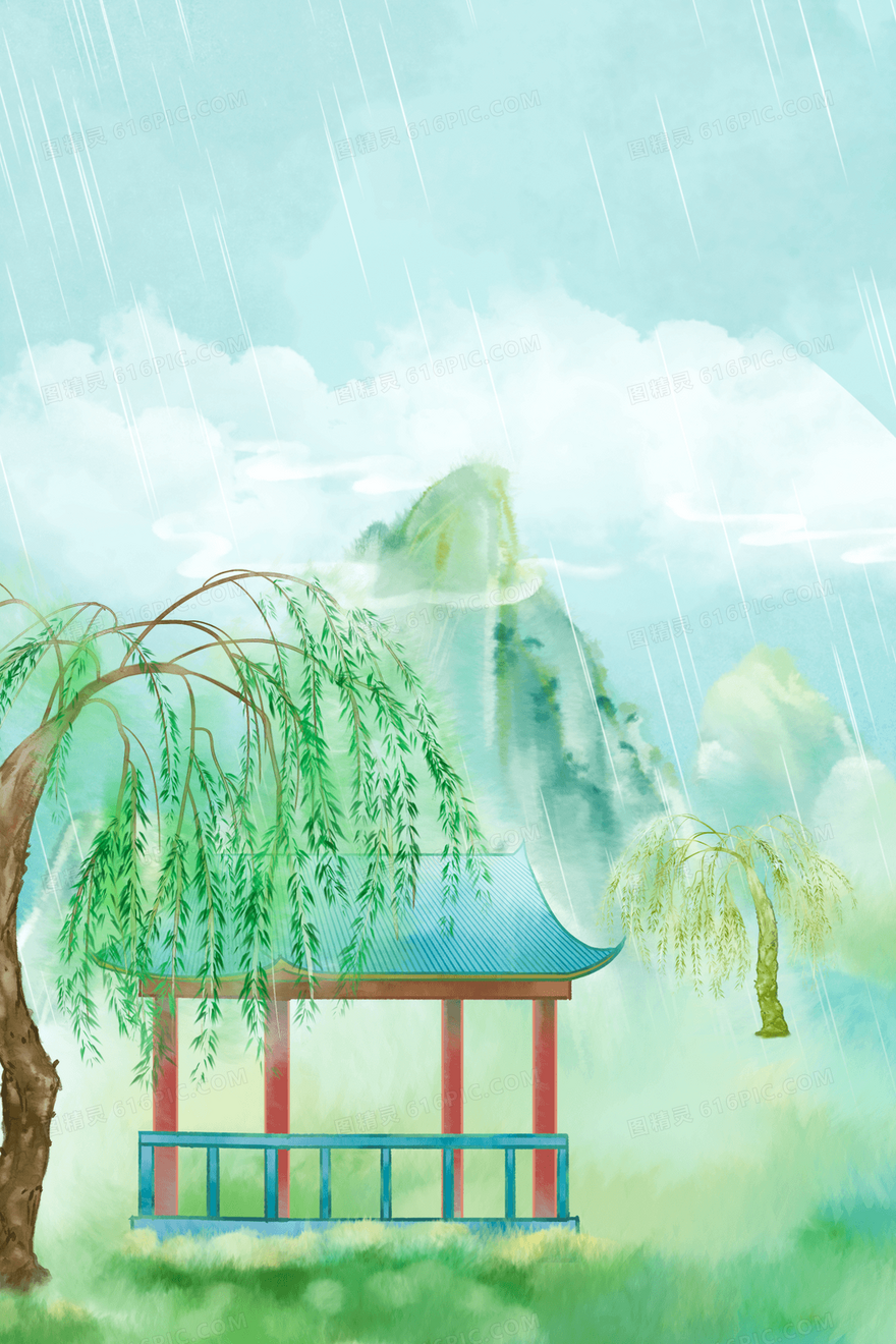 创意手绘中国风春天雨水背景