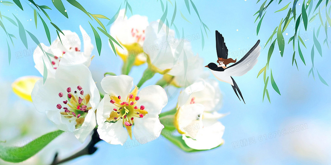 小清新唯美春天燕子花朵摄影图合成背景