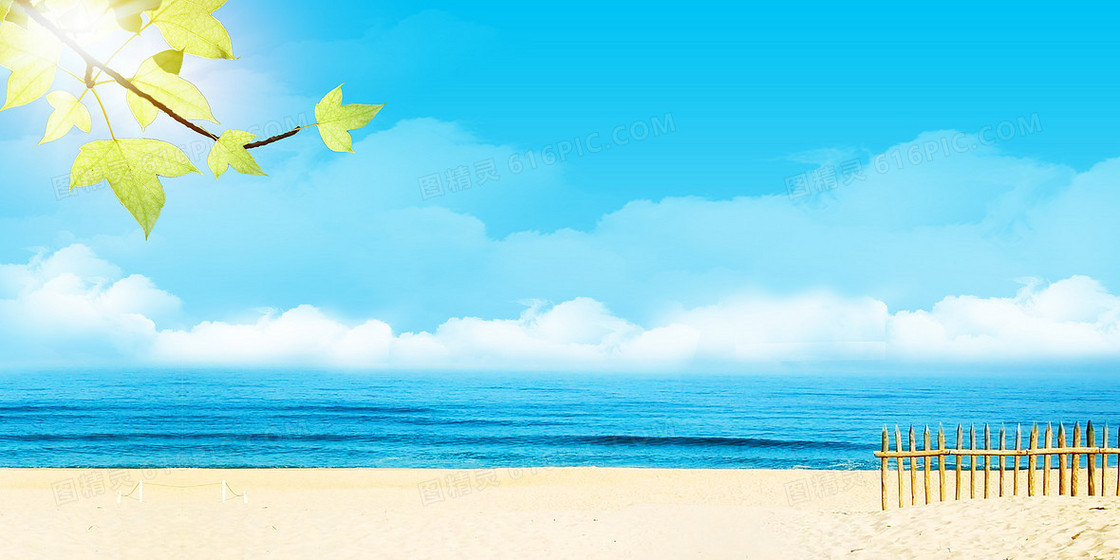 沙滩大海阳光明媚叶子摄影图合成背景