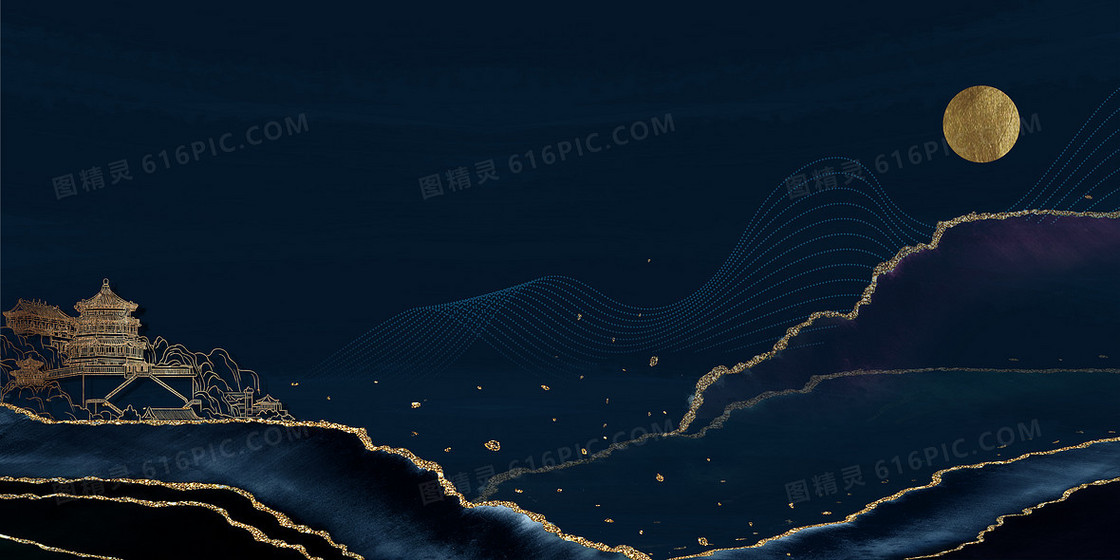鎏金山水雅致中国风挂建筑线稿背景