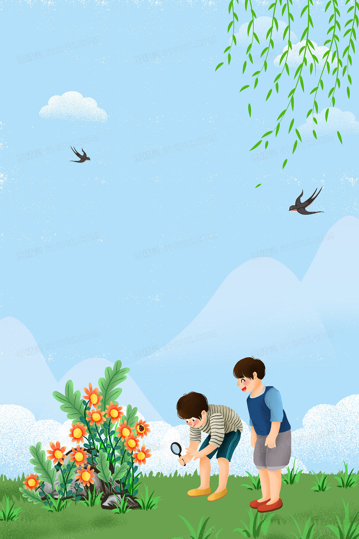 卡通手绘春季万物复苏背景
