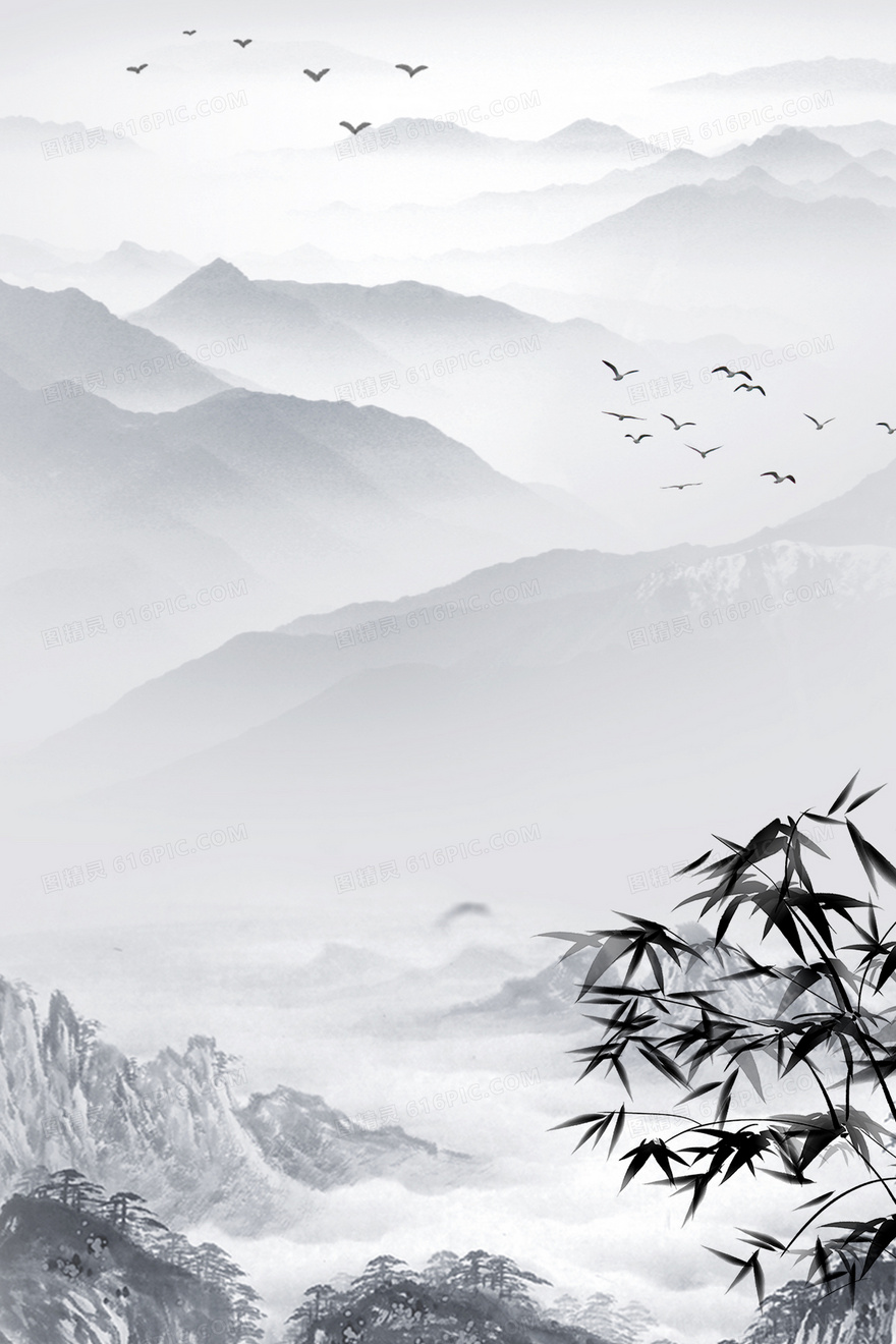 复古水墨中国风山水竹子背景