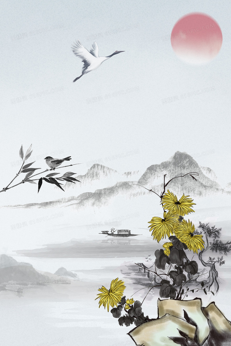 复古文艺中国风水墨手绘菊花背景