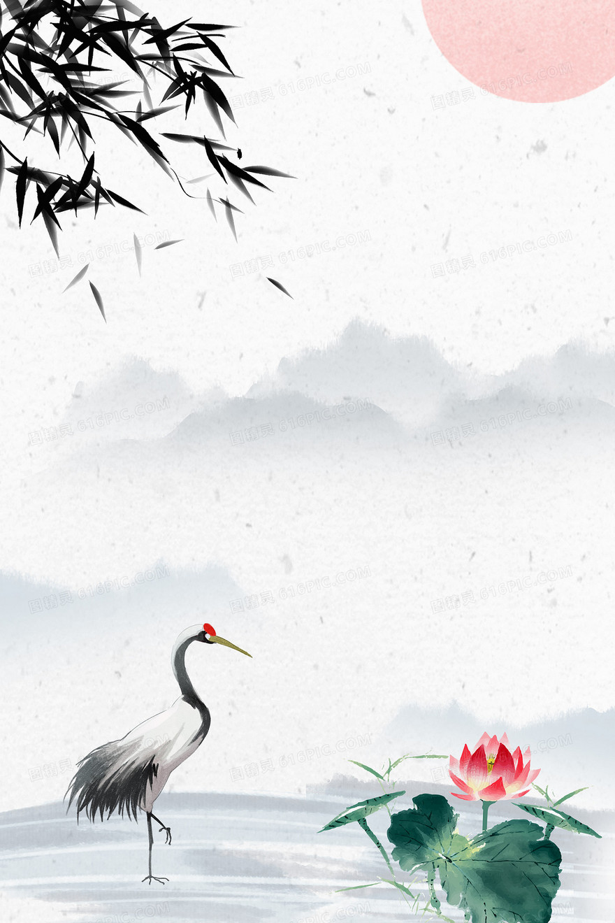 复古文艺中国风手绘仙鹤竹子背景