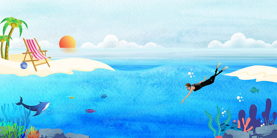 户外体育运动潜水大海沙滩卡通背景