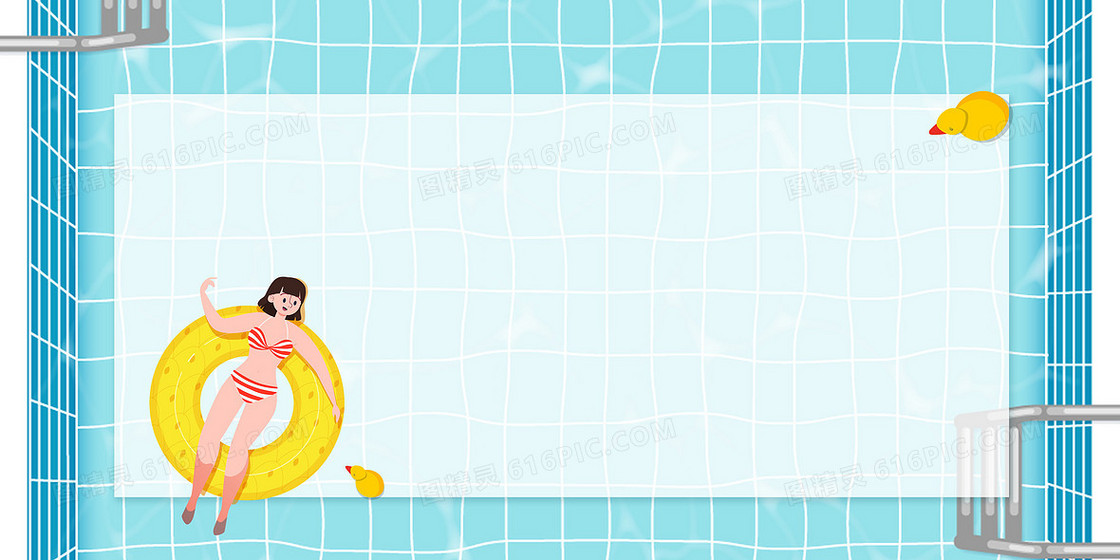 女孩泳装在泳池游泳清凉的夏日边框背景