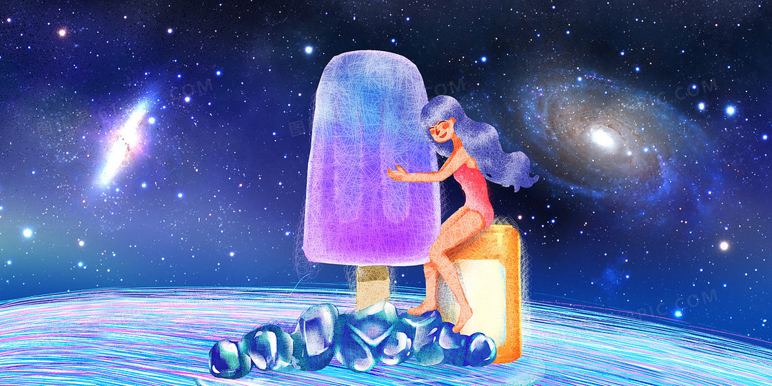 夏季梦幻夜晚女孩冰淇淋星空背景