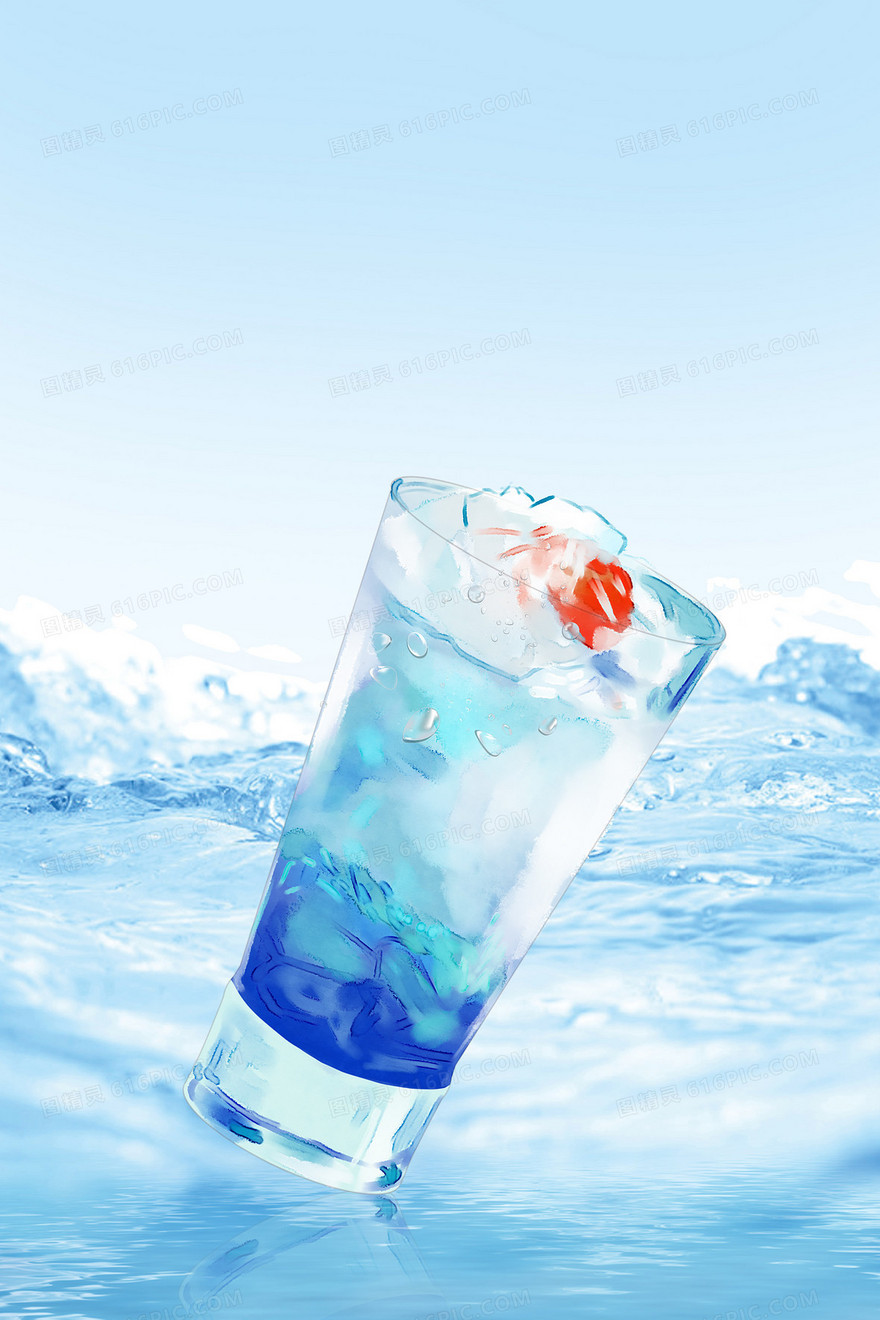 夏季蓝色冰爽海岸大海冷饮背景