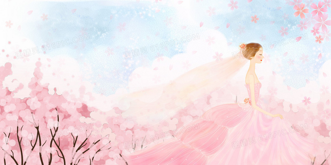 粉色手绘浪漫樱花婚礼新娘唯美背景