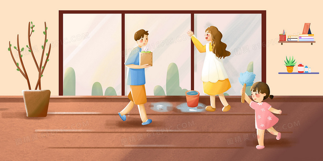 简约清新手绘风卡通一家三口打扫卫生背景