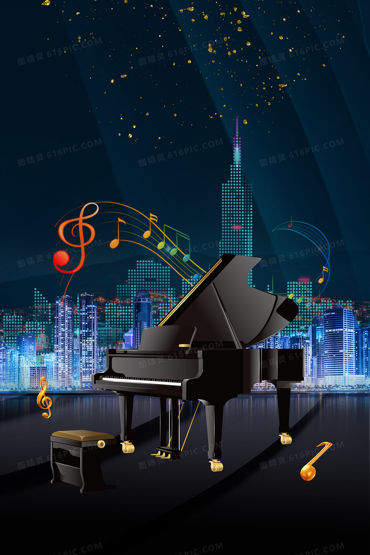 黑色质感城市钢琴音乐会宣传背景