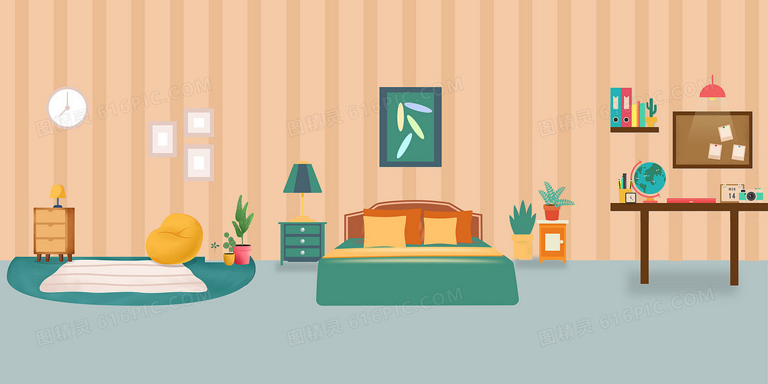扁平卡通风手绘卧室房间背景