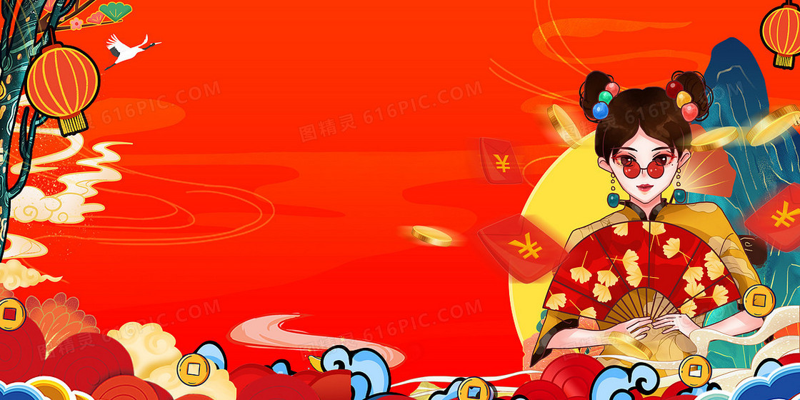 红色复古中国风国潮促销插画背景