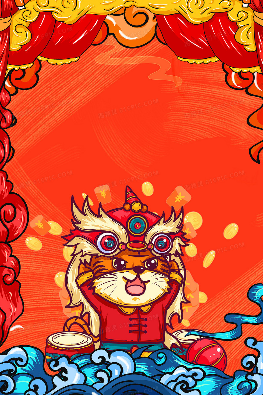 国潮新年动物舞狮边框背景