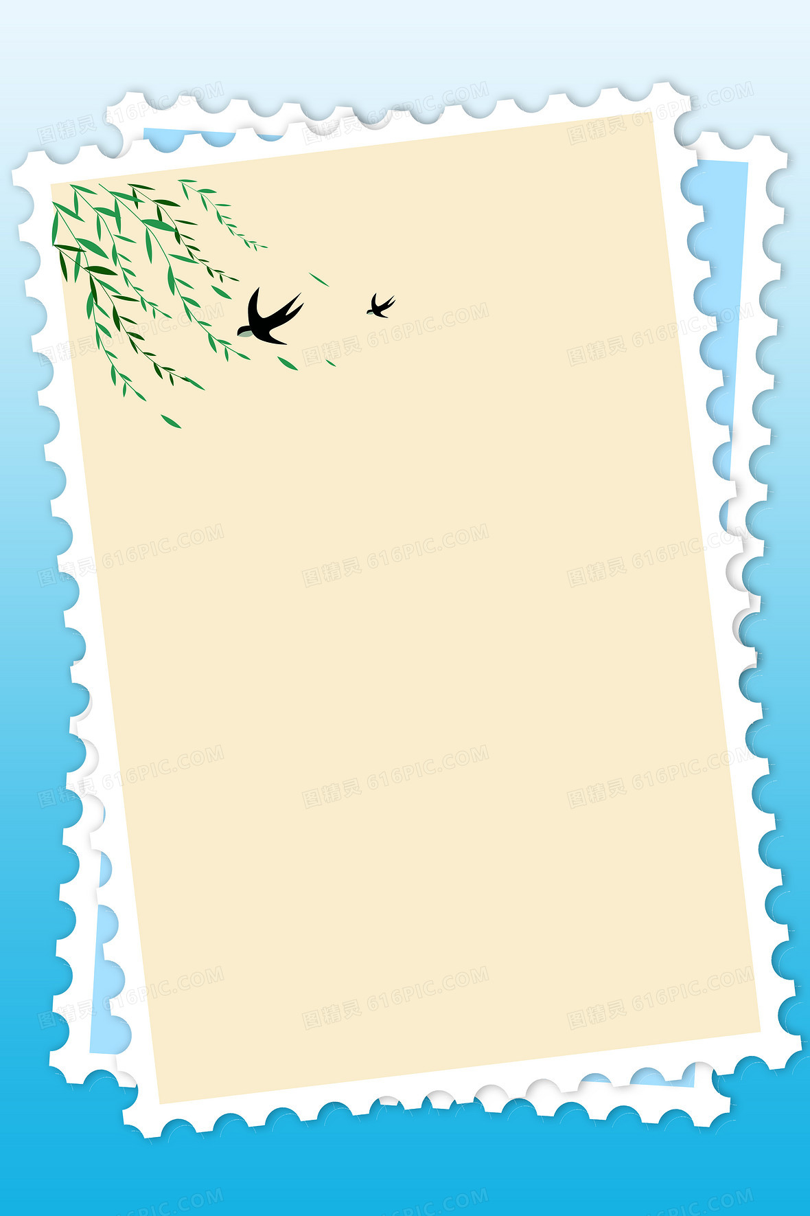 日邮票邮票背景邮递图精灵为您提供蓝色简约邮票春天插画背景免费下载