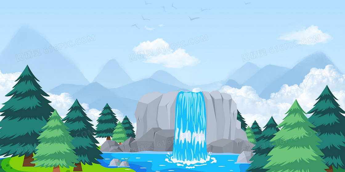 清新自然手绘瀑布自然景观背景