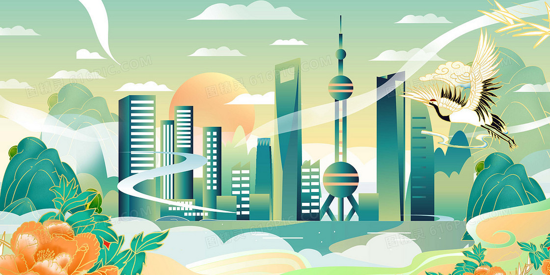 国潮创意上海地标建筑手绘插画系列背景