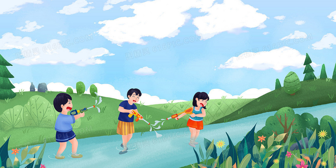 卡通手绘溪水玩耍儿童背景