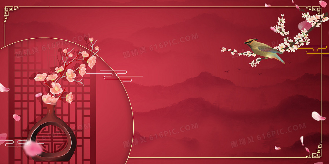 新中式红金工笔花鸟合成背景