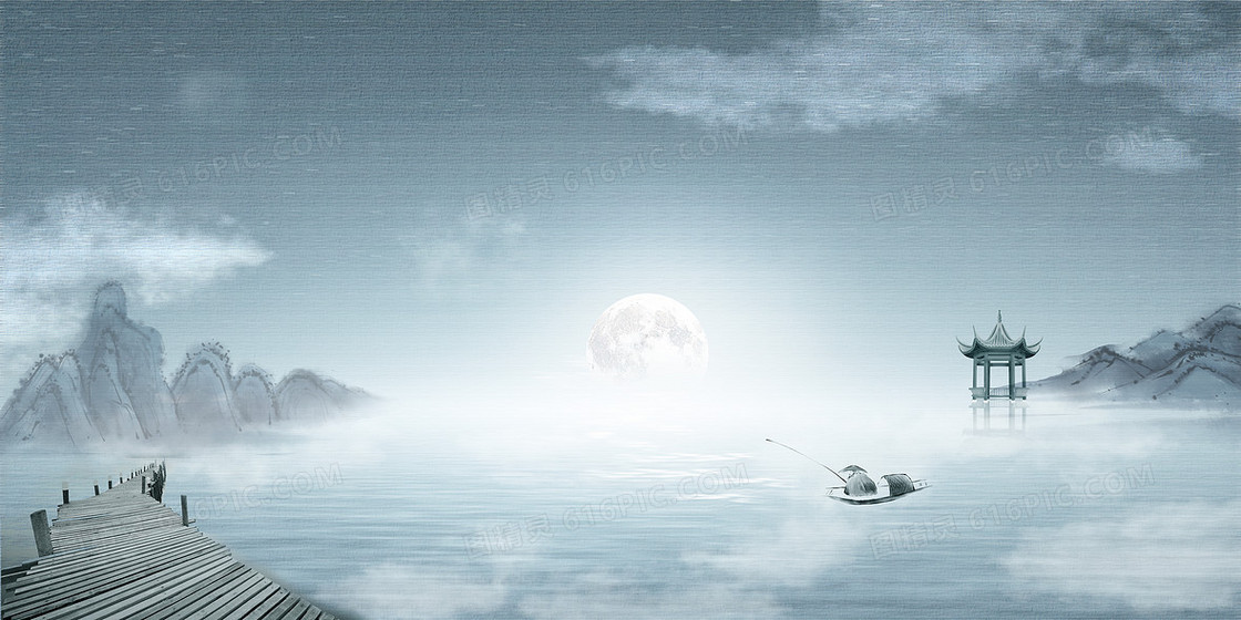 中国风月光下山水渔船摄影图合成背景