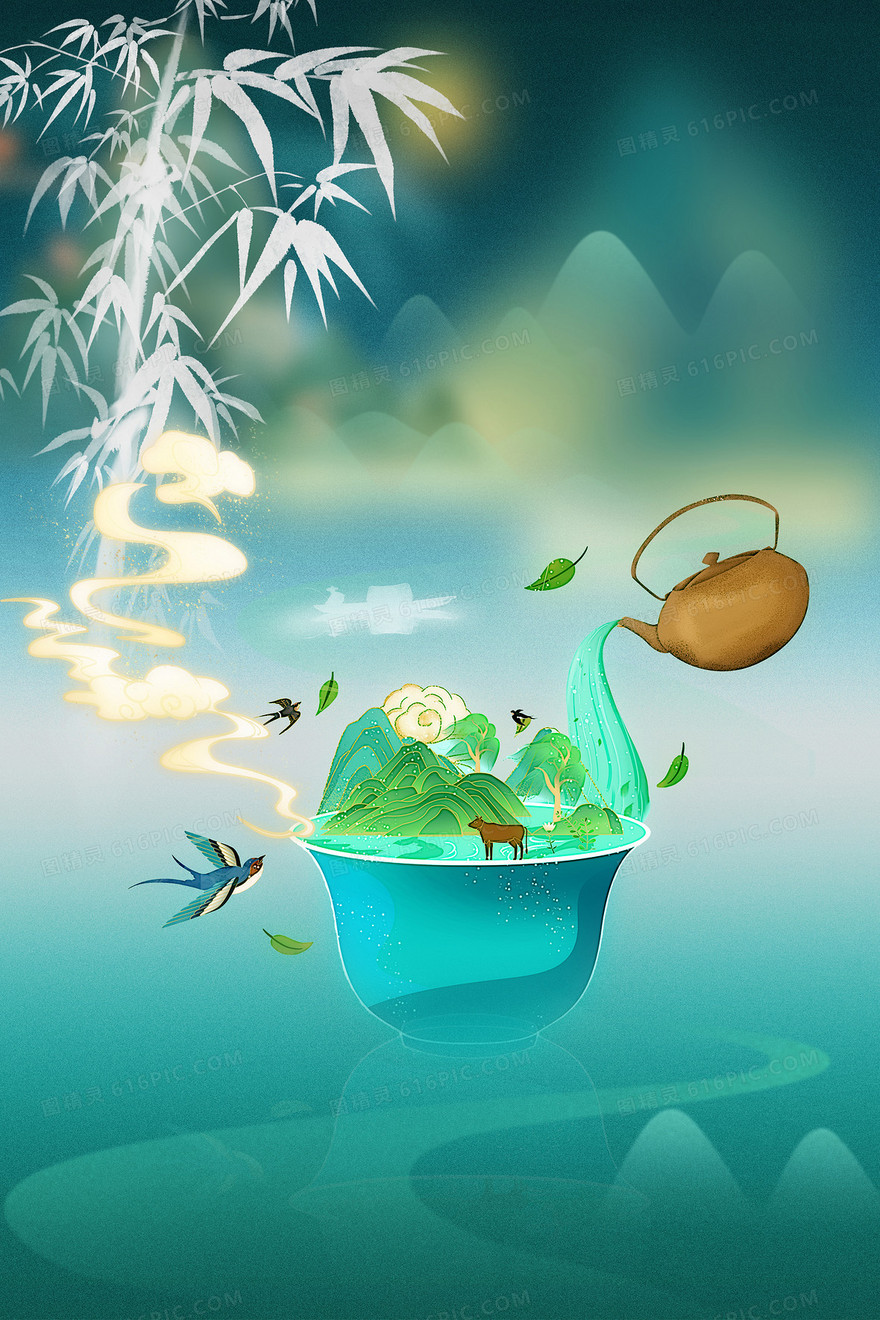 创意茶壶绿色合成背景